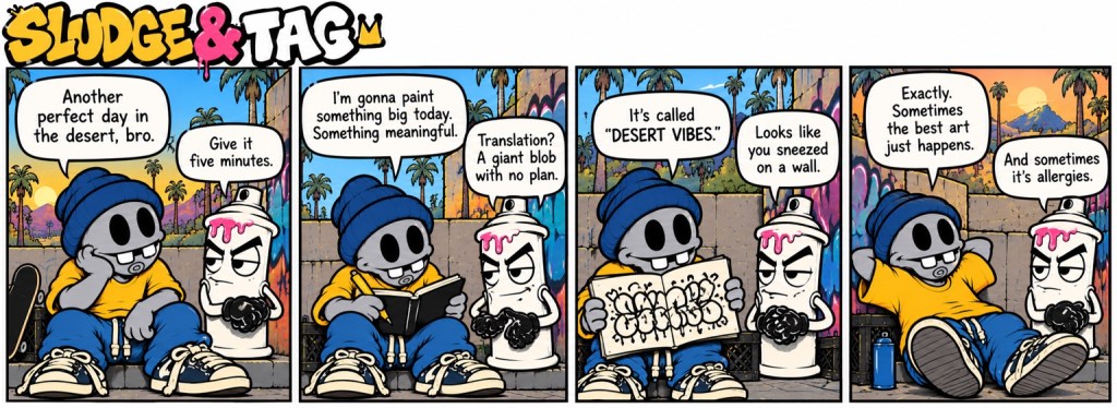 Four-panel Sludge and Tag comic about desert vibes and graffiti